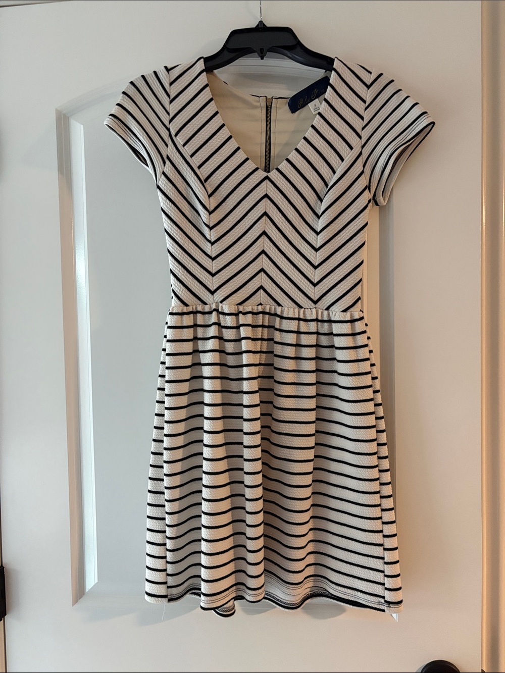 Blue Rain Black and White Striped V‑Neck Fit & Flare Dress